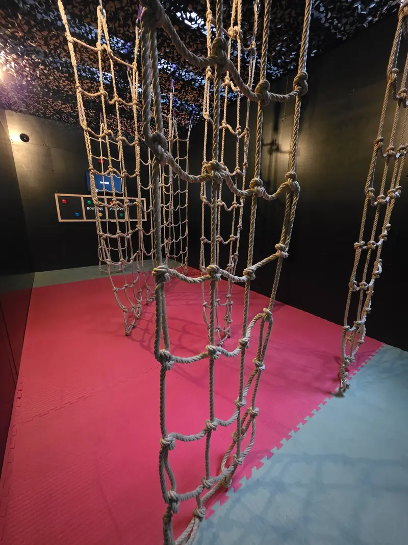 Agilité : des filets de corde tendus au-dessus d'un tapis rouge