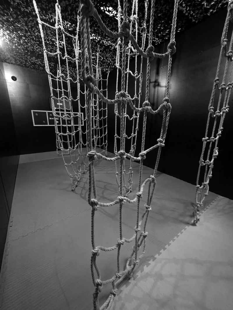Des filets de corde tendus au-dessus d'un tapis, sur le parcours de Défis Pirate Perpignan, en noir et blanc