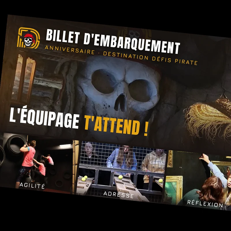 Le carton d'invitation d'anniversaire de Défis Pirate : un billet d'embarquement, « L'équipage t'attend ! »