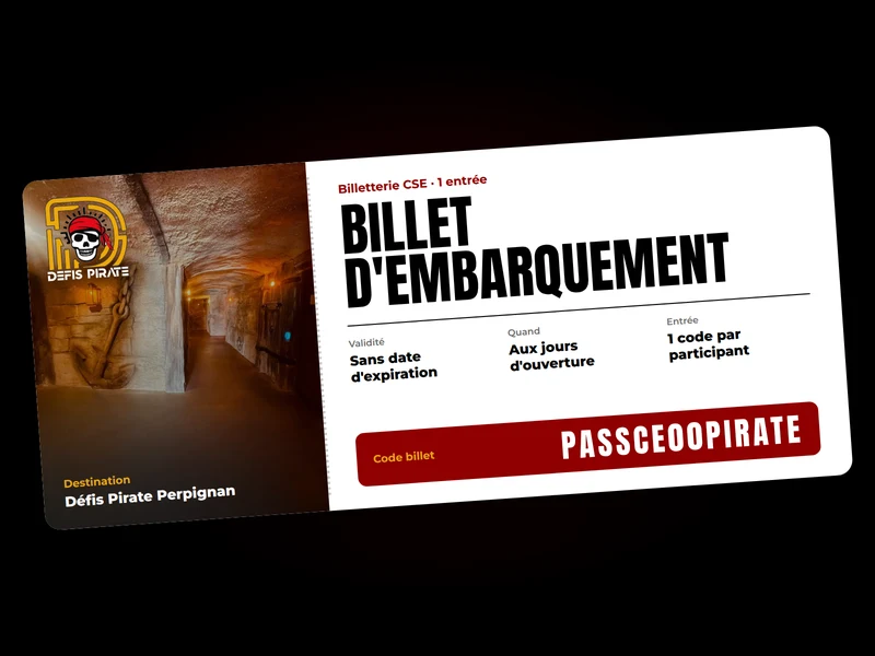 Exemple de billet d'embarquement Défis Pirate de la billetterie CSE, avec un code fictif
