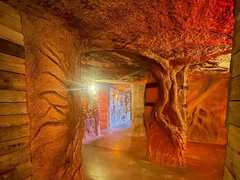 Un couloir du labyrinthe aux murs sculptés de racines, baigné de lumière orangée
