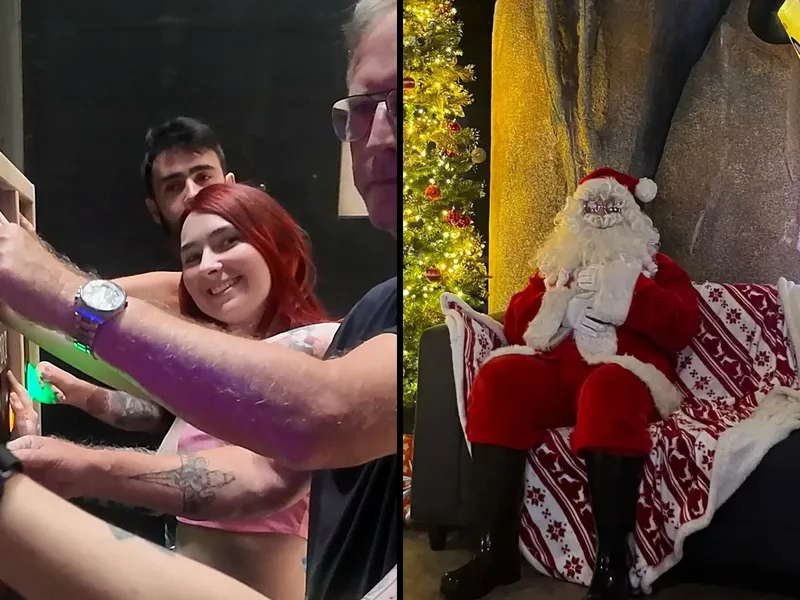 Deux moments d'entreprise chez Défis Pirate Perpignan : une équipe aux boutons lumineux et le Père Noël de l'arbre de Noël