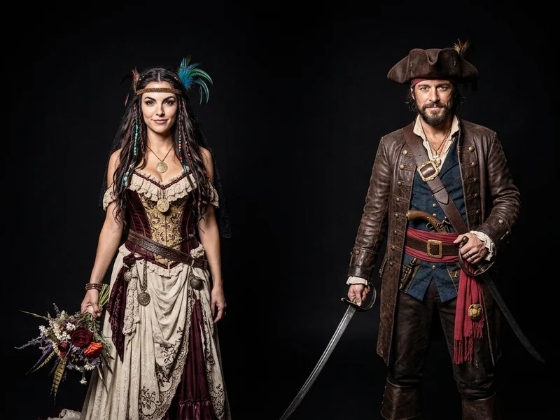 Illustration : une mariée et un marié en costume de pirate
